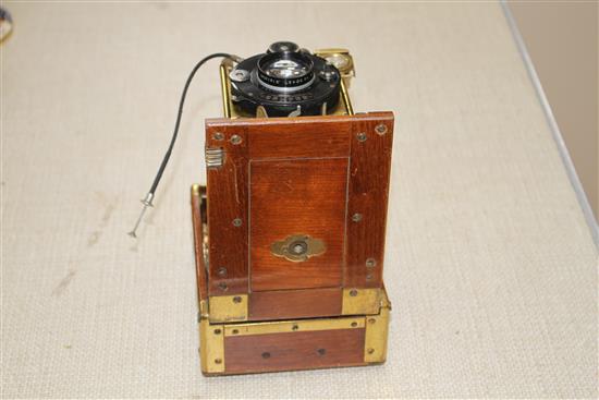 A Compur Tropical cased camera with Dialytar lens and gilt brass mounted teak case, height 18cm, depth when closed 6cm, length when